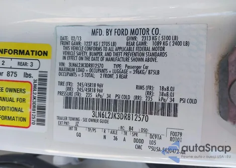 2013 Lincoln Mkz z USA, uszkodzony, nr VIN 3LN6L2JK3DR812570